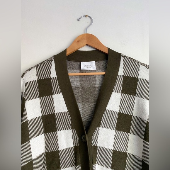 Anthropologie Sita Murt Olive Green White Checker Long Sweater Cardigan Oversize - Picture 8 of 12